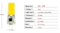 Светодиодная лампа G4 220В 6 Вт COB Dimming белый теплый цвет 2800-3200K