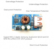 DC-DC фиксированный преобразователь QC-MINI, вход 6-32В, выход 5-9-12В, протоколы QC2.0, QC3.0, MTK PE1.1/2,0, Apple, Samsung AFC, Huawei FCP, Spreadtrum SFCP, ток 0-3.4А, 1 USB порт