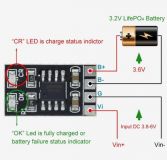 Зарядное устройство для LiFePo4 аккумуляторов 3.2В/3.6В 1А на CN3058E, напряжение полной зарядки 3.6В, вход 3.8 - 6.0В